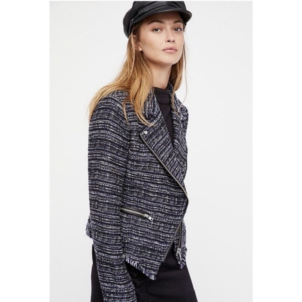 Free People Nicole Tweed Short Boho Moto Zipper Fall Jacket Black Blue Medium - Picture 8 of 8